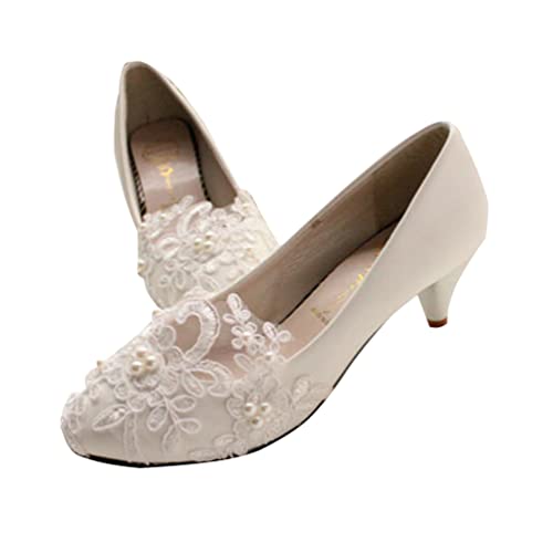 Minetom Damen Braut Hochzeit Abend Party Schuhe Frauen Spitzen Blume Hoher Absatz Elegante Kleid Brautschuhe D Weiß 5 cm 40 EU von Minetom