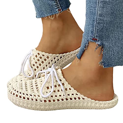 Minetom Damen Hausschuhe Atmungsaktiv Mesh Hausschuhe Sommer Hohl Latschen Badeschuhe Strand Slippers Flach Sohle Pantoffeln A Weiß 40 EU von Minetom