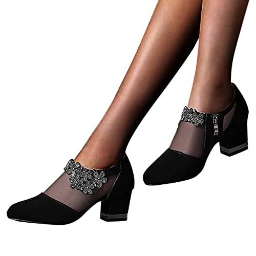 Minetom Damen Hohle Mesh Stiefeletten Retro Blume Strass Geschlossene mit Blockabsatz Modische Netz Damenschuhe Bootsschuhe Freizeitschuhe Partyschuhe Lateinische Tanzschuhe A2 Schwarz 41 EU von Minetom