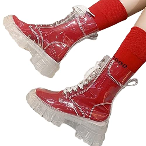 Minetom Damen Kurze Gummistiefel Transparent PVC Stiefeletten Frauen Chelsea Boots Regenstiefel Kurzschaft Boots Outdoor Wasserdicht Gartenschuhe Mit Socken A Rot 38 EU von Minetom