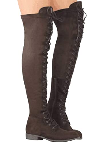 Minetom Damen Overknee Stiefel Stretch Kniehohe Stiefel Vintage Schnüren Flache Schuhe Langschaft Winterstiefel Lang Boots Braun 37 EU Minetom Damen Overknee Stiefel Stretch Kniehohe Stiefel Vintage Schnüren Flache Schuhe Langschaft Winterstiefel Lang Boots Braun 37 EU von Minetom