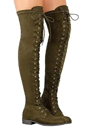 Minetom Damen Overknee Stiefel Stretch Kniehohe Stiefel Vintage Schnüren Flache Schuhe Langschaft Winterstiefel Lang Boots Grün 39 EU Minetom Damen Overknee Stiefel Stretch Kniehohe Stiefel Vintage Schnüren Flache Schuhe Langschaft Winterstiefel Lang Boots Grün 39 EU von Minetom