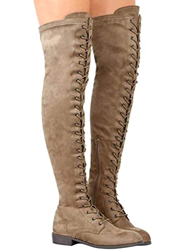 Minetom Damen Overknee Stiefel Stretch Kniehohe Stiefel Vintage Schnüren Flache Schuhe Langschaft Winterstiefel Lang Boots Khaki 38 EU von Minetom