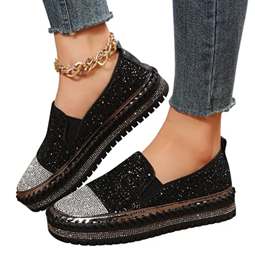 Minetom Damen Pailletten Canvas Slip-On Sneakers Weiche Wanderschuhe Flache Strass Glitzer Loafer Mit Gummisohle Freizeitschuhe A Schwarz 36 EU von Minetom