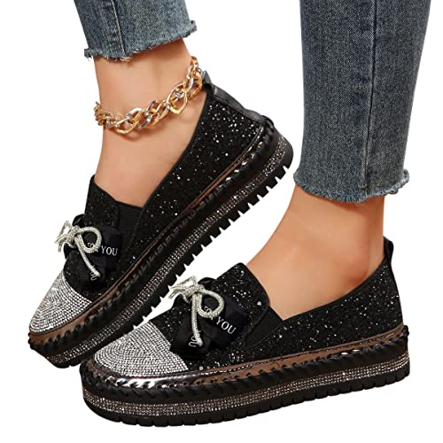 Minetom Damen Pailletten Canvas Slip-On Sneakers Weiche Wanderschuhe Flache Strass Glitzer Loafer Mit Gummisohle Freizeitschuhe B Schwarz 37 EU von Minetom