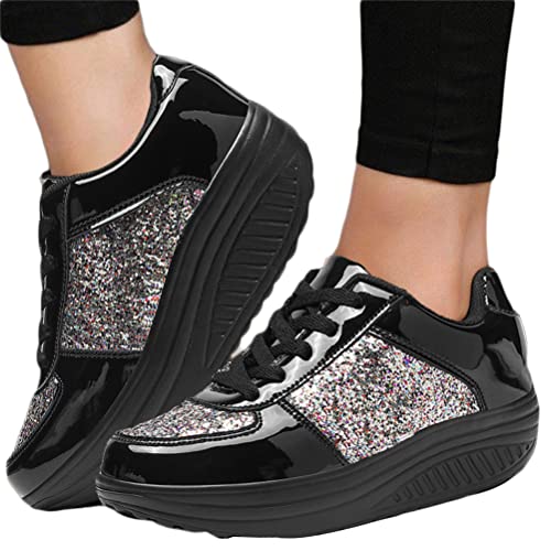 Minetom Damen Pailletten Sneaker Flach Schuhe Freizeit Schnürer Sportschuhe Glänzende Schuhe Laufschuhe Sneaker A Schwarz 39 EU von Minetom