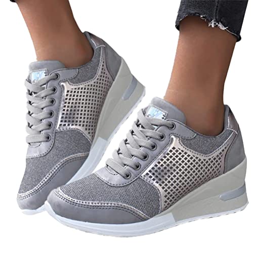 Minetom Damen Pailletten Sneaker Flach Schuhe Freizeit Schnürer Sportschuhe Glänzende Schuhe Laufschuhe Sneaker C Silber 40 EU von Minetom