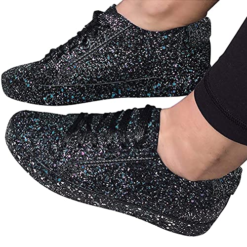 Minetom Damen Pailletten Sneakers Flache Low Sneaker Atmungsaktiv Glitzer Turnschuhe Outdoor Sportschuhe Laufschuhe Schnürsenkel Walkingschuhe A Schwarz 41 EU von Minetom