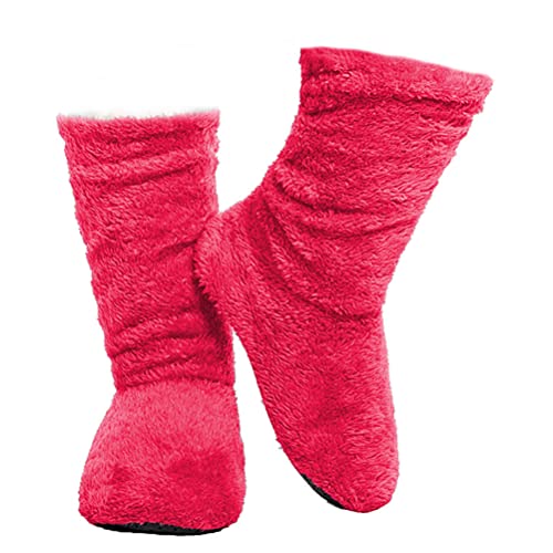 Minetom Damen Plüsch Gefüttert Hausschuhe Feste Sohle rutschfest Hüttenschuhe Faux Fell Stiefel Winterhausschuhe Innen Sockenstiefel B Rot 41/42 EU von Minetom