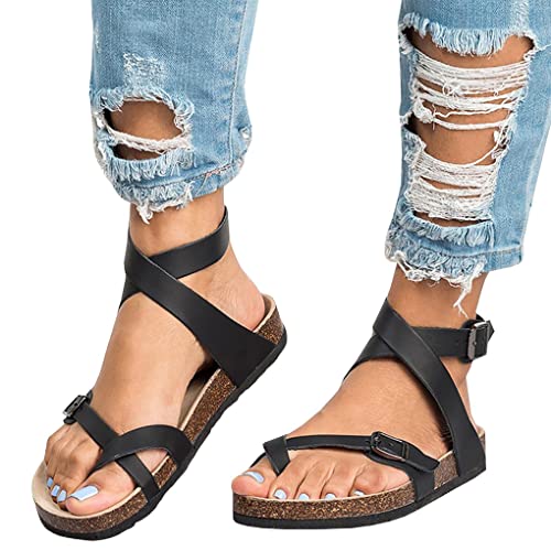 Minetom Damen Sandalen Flache Römersandalen Schnalle Thong Flip Flop Casual Sommerschuhe Retro Mit Kork-Fussbett A Schwarz 40 EU von Minetom