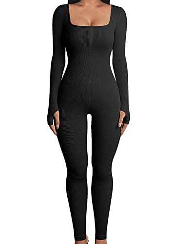 Minetom Damen Sexy Bodycon Langarm Quadratischer Ausschnitt Einteiliger Strampler Gerippt Gestrickt Yoga Jumpsuit Workout Unitard Playsuit Rückenfrei Club Hosenanzug Trainingsanzug A Schwarz XS Minetom Damen Sexy Bodycon Langarm Quadratischer Ausschnitt Einteiliger Strampler Gerippt Gestrickt Yoga Jumpsuit Workout Unitard Playsuit Rückenfrei Club Hosenanzug Trainingsanzug A Schwarz XS von Minetom