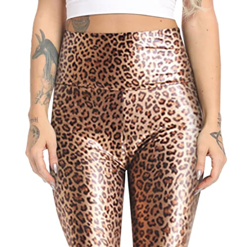 Minetom Damen Sexy Hohe Taille Skinny Elastisch Kunstleder Leggings PU Leder Hose Leopard Druck Slim Fit Sporthose Lederhosen D Khaki S von Minetom