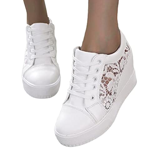 Minetom Freizeitschuhe Damen Bestickte Sneaker Spitze Atmungsaktive Stoffschuhe Elegante Frauen Schnürhalbschuhe Laufschuhe Leicht Sportlich Freizeit Flache Schuhe Walkingschuhe D Weiß 37 EU von Minetom