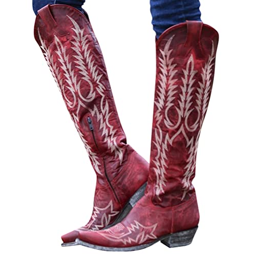 Minetom Langschaft Stiefel Damen Cowboy Stiefel Retro Reißverschluß Boots Blockabsatz Winter Herbst Stiefel Westernstiefel Halbhohe Stiefel B Rot 43 EU von Minetom