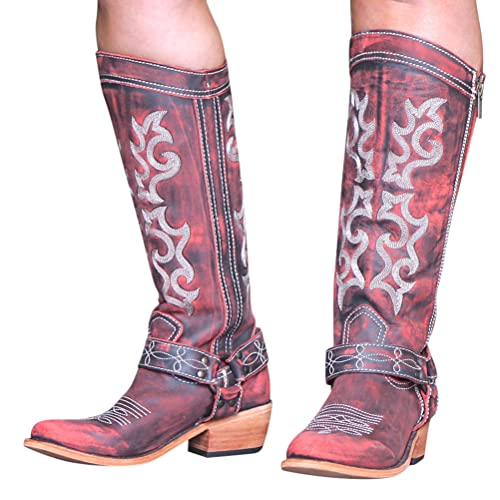 Minetom Langschaft Stiefel Damen Cowboy Stiefel Retro Reißverschluß Boots Blockabsatz Winter Herbst Stiefel Westernstiefel Halbhohe Stiefel C Rot 41 EU von Minetom