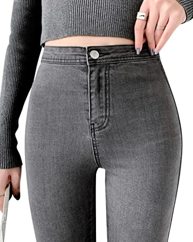 Minetom Leggings Damen Skinny Jeans High Waist Jeanshose Jogginghose Deinm Elastisch Stretch Hose mit Taschen Pants Fitnesshose Yogahose Streetwear D Grau S von Minetom