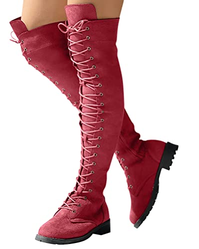 Minetom Overknees Stiefel Damen Lange Stiefel Schnürstiefel Langschaftstiefel Wildleder Warme Kniehoch Stiefel Flach Boots A Rot 41 EU von Minetom