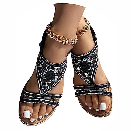 Minetom Sandalen Damen Sommer Bequem Sandalen Mit Strass Boho Strand Schuhe Freizeit Flach Sandalette Slingback Sommerschuhe B SchwBrz 38 EU von Minetom