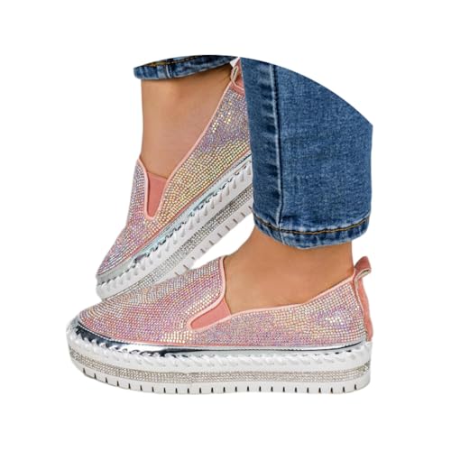 Minetom Sneakers Damen Pailletten Flache Low Strass Sneaker Glitzer Loafers Turnschuhe Outdoor Freizeitschuhe Laufschuhe Schuhe Slip On Walkingschuhe Slipper A Rosa 37 EU von Minetom