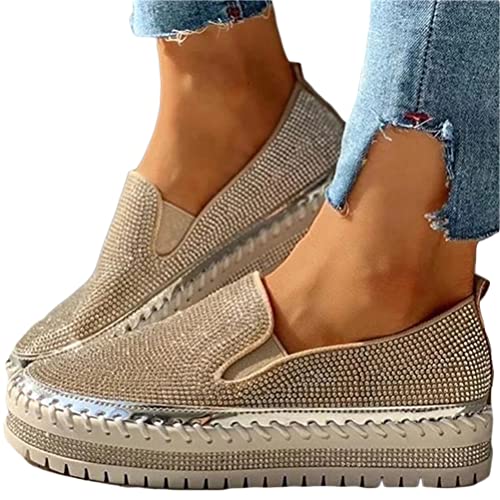 Minetom Sneakers Damen Pailletten Flache Low Strass Sneaker Glitzer Loafers Turnschuhe Outdoor Freizeitschuhe Laufschuhe Schuhe Slip On Walkingschuhe Slipper A Silber 42 EU von Minetom