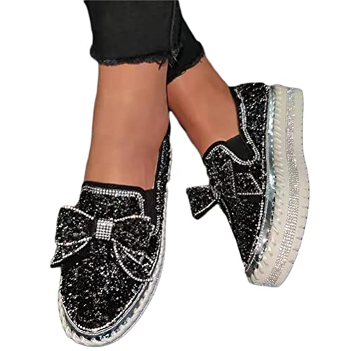 Minetom Sneakers Damen Pailletten Flache Low Strass Sneaker Glitzer Loafers Turnschuhe Outdoor Freizeitschuhe Laufschuhe Schuhe Slip On Walkingschuhe Slipper B Schwarz 35 EU von Minetom