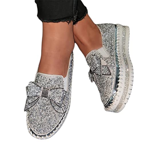 Minetom Sneakers Damen Pailletten Flache Low Strass Sneaker Glitzer Loafers Turnschuhe Outdoor Freizeitschuhe Laufschuhe Schuhe Slip On Walkingschuhe Slipper B Silber 35 EU von Minetom