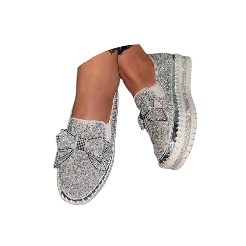 Minetom Sneakers Damen Pailletten Flache Low Strass Sneaker Glitzer Loafers Turnschuhe Outdoor Freizeitschuhe Laufschuhe Schuhe Slip On Walkingschuhe Slipper B Silber 40 EU von Minetom