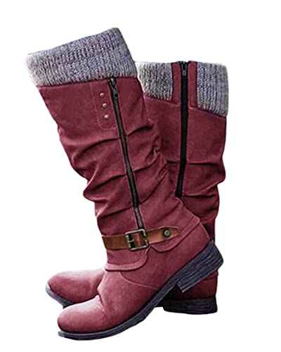 Minetom Stiefel Damen Warm Winterstiefel Mit Blockabsatz Langschaft Boots Cowboy Stiefel Reißverschluss Westernstiefel Winterschuhe Rot 36 EU von Minetom