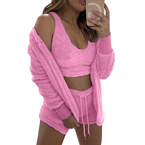 Minetom Winter Frühling Pyjamas Damen Dreiteilig Ensembles De Pyjama Warm Coral Fleece Samt Nachtwäsche Kapuzenpullover Jacke Crop Tank Top Und Shorts A Rosa Rot L von Minetom