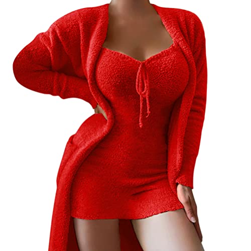 Minetom Winter Frühling Pyjamas Damen Mädchen Zweiteiliges Ensembles De Pyjama Warm Coral Fleece Samt Nachtwäsche Kapuzenpullover Jacke Crop Tank Top Und Nachthemd D Rot XL von Minetom