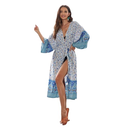 Damen-Badeanzug mit langen Ärmeln, vorne offen, Blume, lockere Kimono-Strickjacke mit Gürtel, Strandkleid von MinkeyBear