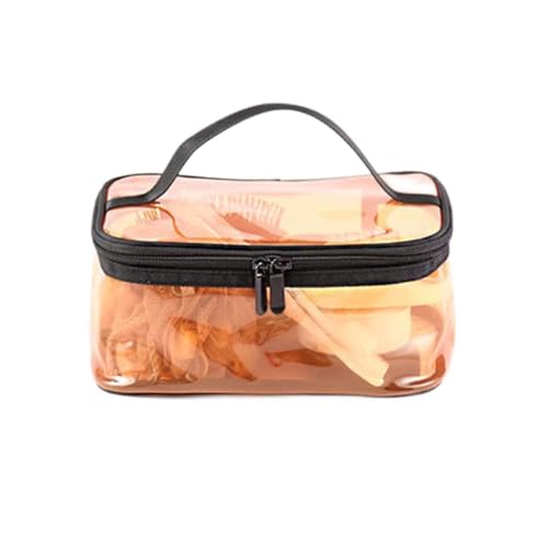 MinnowXY Tragbare Make-up-Tasche aus transparentem PVC, wasserdicht, mit Reißverschluss, Kosmetikaufbewahrung für Toilettenartikel mit Griff, Orange/Abendrot im Zickzackmuster (Sunset Chevron) von MinnowXY