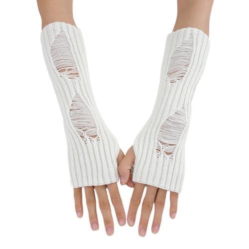 MinnowXY Winter-Strickhandschuhe mit gerissenen Löchern, für Damen, halbe Finger, dick, Outdoor, Radfahren, Skifahren, hält warm von MinnowXY