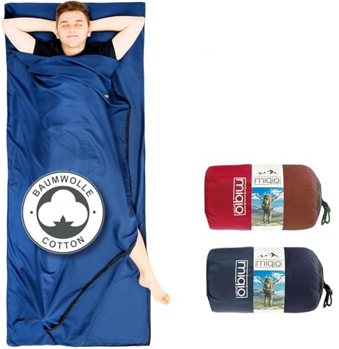 MIQIO® 2in1 Baumwoll-Hüttenschlafsack mit durchgängigem Reißverschluss (Koppelbar): Leichter Komfort Reiseschlafsack und XL Reisedecke in Einem - Sommer Schlafsack Innenschlafsack (Blau,Links) von Miqio