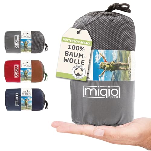 MIQIO® 2in1 Baumwoll-Hüttenschlafsack mit durchgängigem Reißverschluss (Koppelbar): Leichter Reiseschlafsack und XL Reisedecke in Einem - Sommer Schlafsack Innenschlafsack (Grau,Rechts) von Miqio