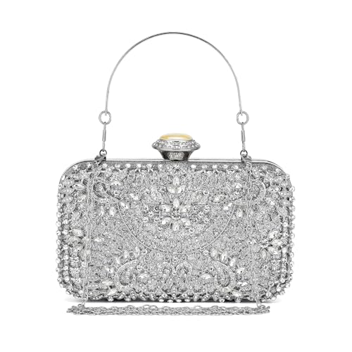 MISS LULU Clutch-Taschen für Damen, Hartschalen-Clutches mit Perlenstickerei, Abendessen, Handtaschen mit abnehmbarer Kette, silber, Medium MISS LULU Clutch-Taschen für Damen, Hartschalen-Clutches mit Perlenstickerei, Abendessen, Handtaschen mit abnehmbarer Kette, silber, Medium von Miss Lulu