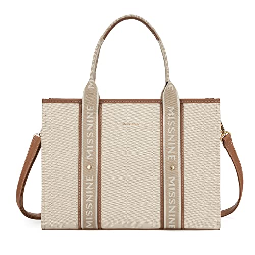 Missnine Tragetasche Canvas-Laptoptasche 15,6 Zoll Handtasche Damen Aktentasche für Damen große Kapazität Handtasche für Büro Schule Reisen Braun Beige von Missnine