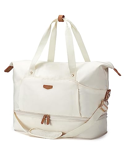 Missnine Reisetasche Damen Handgepäck Tasche Sporttasche Damen Hand Duffel Bag Weekender Damen wasserdichte Reisetasche Erweiterbares Fach Schuhtasche für Reisen und Fitness Fitnessstudio (Beige) von Missnine