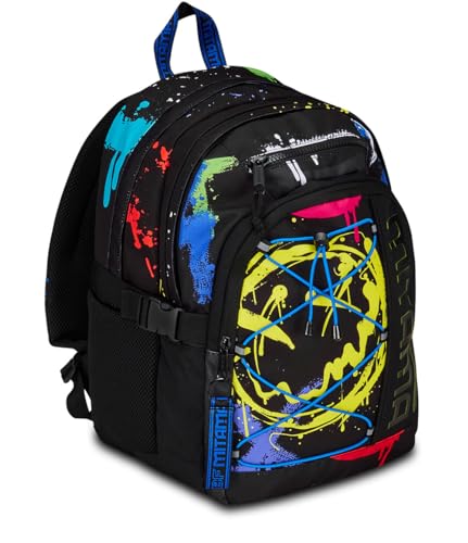 Mitama Rucksack mit 3 Fächern, Fluo Tag mit PC-Tasche, Schwarz und Gelb, Grundschule und Freizeit, Kinder Jungen, Schwarz, Taglia unica, Rucksack mit Dreifachfach von Mitama