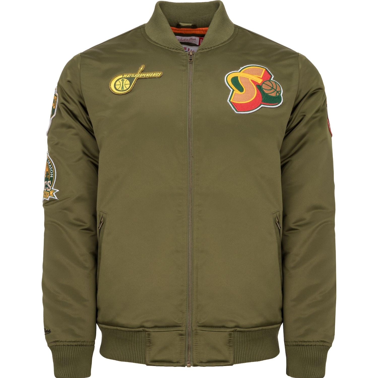 Mitchell & Ness, Herren, Jacke, M&N Satin Bomber Jacke - PATCHES Seattle SuperSonics - S (S), Grün, S von Mitchell & Ness