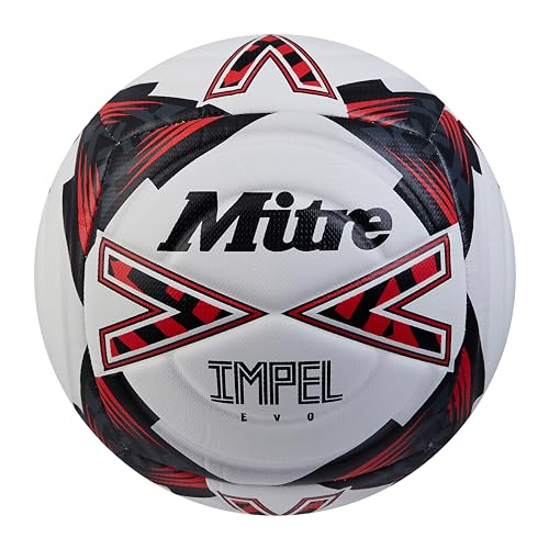 Mitre Impel Evo Fußball | strapazierfähiger Trainingsball | Hyperseam-Technologie, Weiß/Schwarz/Leibchenrot, 4 von Mitre