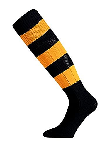 Mitre Mercury Ring-Fußballsocken für Kinder | Fußballmannschaft-Kit | leichte lange Sportsocke | atmungsaktiv, Schwarz/Bernstein, Mini (30 – 34) von Mitre