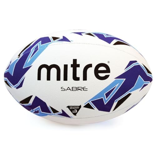 Mitre Rugbyball, extra starkes Futter, volles Gewicht, sehr beliebt, Weiß/Blau/Cyan, 3 von Mitre