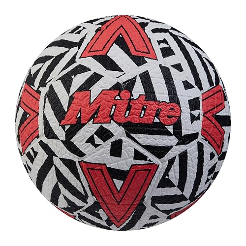 Mitre Unisex Straßenfußball, extrem langlebig, perfekt auf harten Oberflächen, Weiß/Schwarz/Latzrot, 5 von Mitre