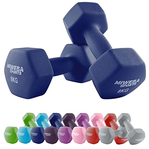 Miweba Sports Neopren Hantelset NKH100 | 𝐏𝐫𝐨𝐟𝐢 Hantel - Hexagon Hanteln Set - Kurzhanteln - Kurzhantel Set - Gymnastikhanteln - Hantel Set - Dumbbell - 0,5-10 Kg (2X 8.0 kg, Königsblau) von Miweba Sports