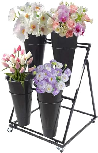 Mixtric Blumenständer, 2/3/4-Lagiger, Beweglicher Pflanzenständer Aus Metall, Blumenwagen Aus Schmiedeeisen Mit Rädern, Für Terrasse, Garten, Wohnzimmer,2 Tier 4 Black Bucket von Mixtric