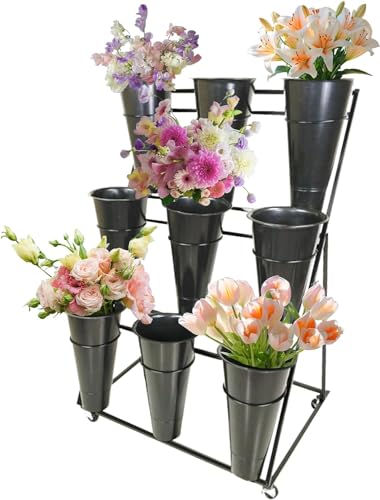 Mixtric Blumenständer, 2/3/4-Lagiger, Beweglicher Pflanzenständer Aus Metall, Blumenwagen Aus Schmiedeeisen Mit Rädern, Für Terrasse, Garten, Wohnzimmer,3 Tier 9 Black Bucket von Mixtric