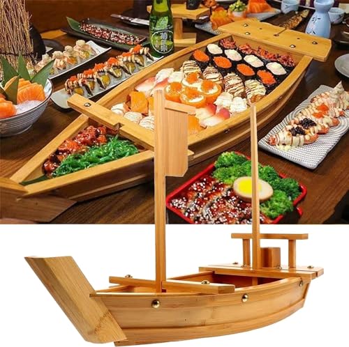 Mixtric Tablett Aus Natürlichem Bambus, Sushi-Sashimi-Servierplatte, Serviertablett Aus Holz in Form Eines Sushi-Boots, Für Die Bar Im Restaurant Zu Hause,A,80X27cm von Mixtric