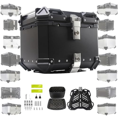 Mixtric Topcase Aus Aluminium, 28-100 L Motorrad-Topcase, Wasserdichter Motorradkoffer, Schwarz/Silberne Tour-Heckbox Mit Sicherheitsschloss, Universelles Motorradzubehör,Schwarz,45L von Mixtric