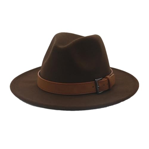 Mnjyihy Männer Frauen Panama Wollfilz Hut Mit Brauner Gürtelschnalle Große Krempe Jazz Trilby Cap Party Hochzeit Fedoras Hut Coffee 59to60cm von Mnjyihy